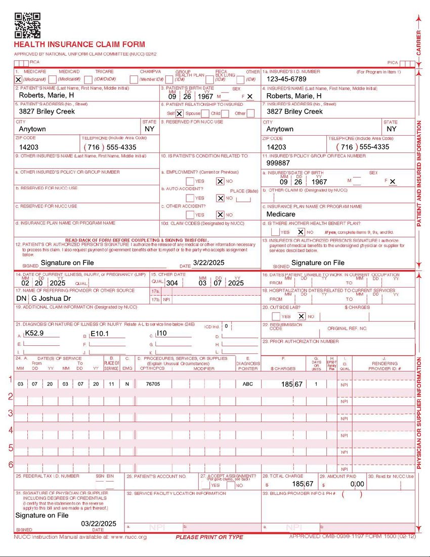 A health insurance claim read by dextract, with one value located on the page